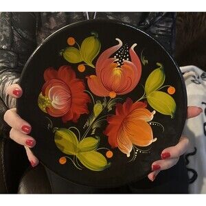 1988 ORIGINAL UKRAINIAN Wooden Floral Decorative plate PETRYKIVKA paintining Art